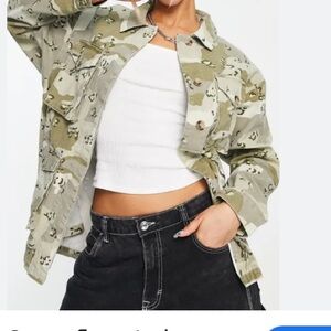 Top Shop UK Canvas Shirt Shacket Women Small US 4-6 Cotton Khaki Camouflage EXC